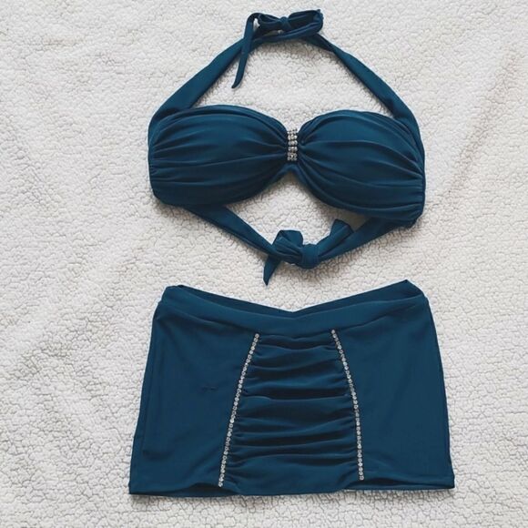 Blue Rhinestone top with mini skirt by Pleasure Zone Size S - Picture 1 of 7